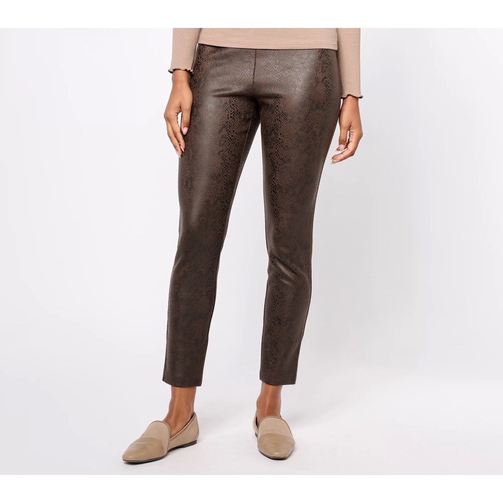 NEW Susan Graver XL Petite Printed Knit Faux Suede Leggings Brown Casual Office